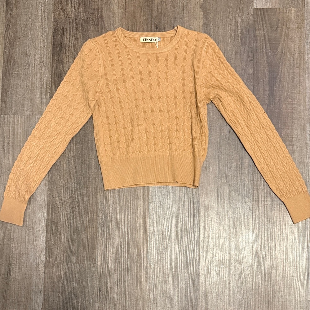 Tan Cable Knit Crew Neck Sweater